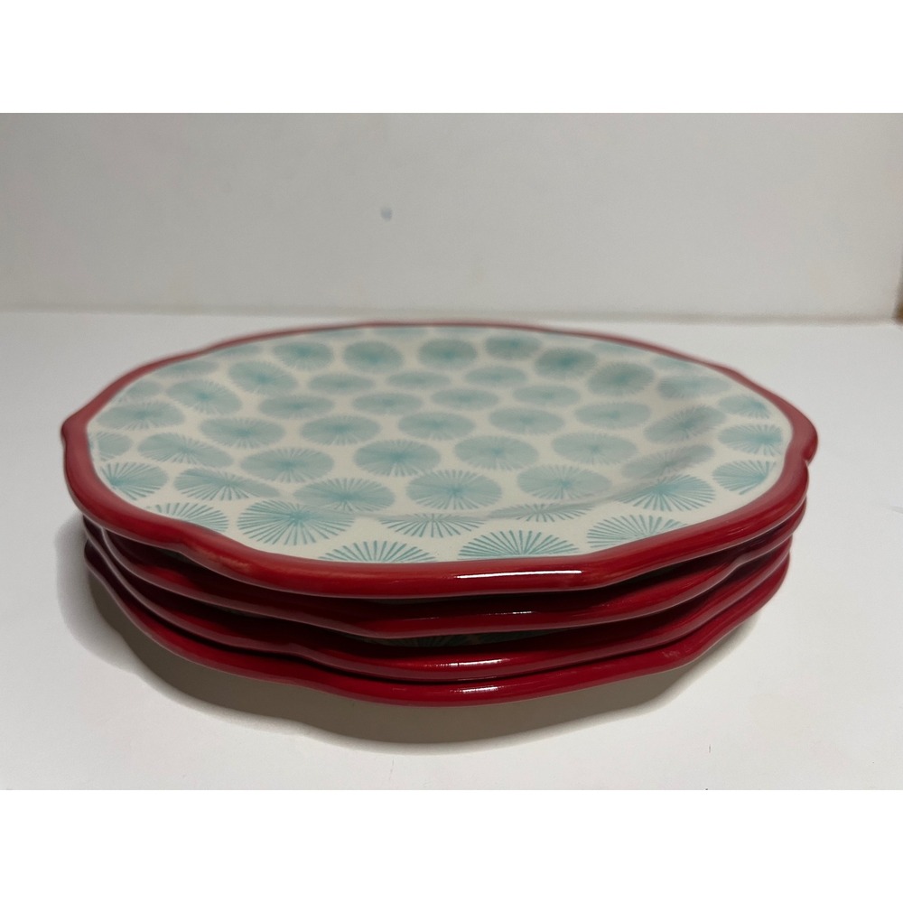 The Pioneer Woman Red Scalloped Blue Sunburst Salad Plates Set of 4